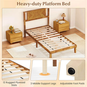 Twin/Full/Queen Size Acacia Wood Platform Bed Frame with Headboard, Mid-Century Modern Bed Frame w/Wooden Slats Support & Under-Bed Space