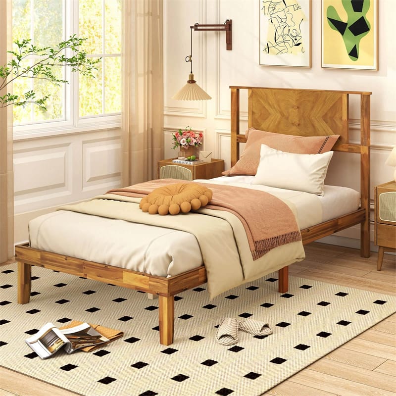 Twin/Full/Queen Size Acacia Wood Platform Bed Frame with Headboard, Mid-Century Modern Bed Frame w/Wooden Slats Support & Under-Bed Space