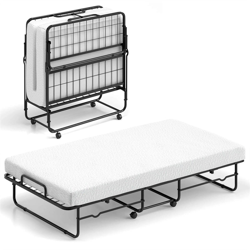 Twin Size Folding Bed with Memory Foam Mattress, Rollaway Guest Bed w/ Heavy-Duty Metal Frame & Lockable Wheels, Portable Space-Saving Bed, 75" x 38"