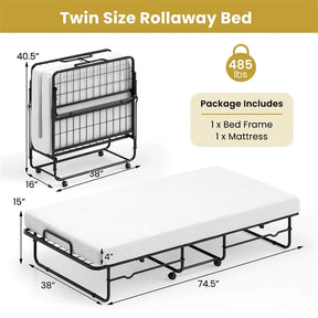 Twin Size Folding Bed with Memory Foam Mattress, Rollaway Guest Bed w/ Heavy-Duty Metal Frame & Lockable Wheels, Portable Space-Saving Bed, 75" x 38"