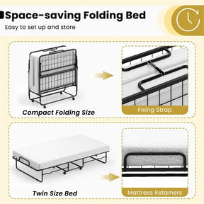 Twin Size Folding Bed with Memory Foam Mattress, Rollaway Guest Bed w/ Heavy-Duty Metal Frame & Lockable Wheels, Portable Space-Saving Bed, 75" x 38"