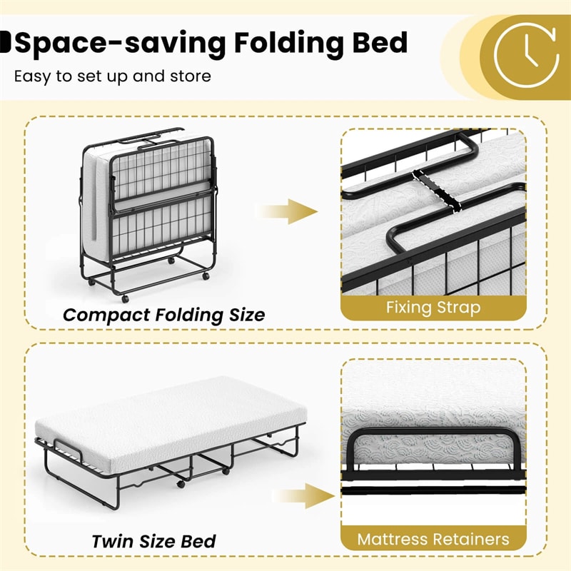 Twin Size Folding Bed with Memory Foam Mattress, Rollaway Guest Bed w/ Heavy-Duty Metal Frame & Lockable Wheels, Portable Space-Saving Bed, 75" x 38"