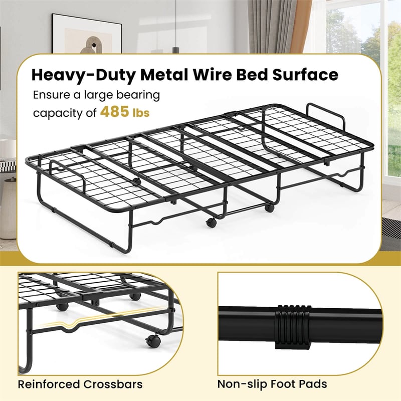 Twin Size Folding Bed with Memory Foam Mattress, Rollaway Guest Bed w/ Heavy-Duty Metal Frame & Lockable Wheels, Portable Space-Saving Bed, 75" x 38"