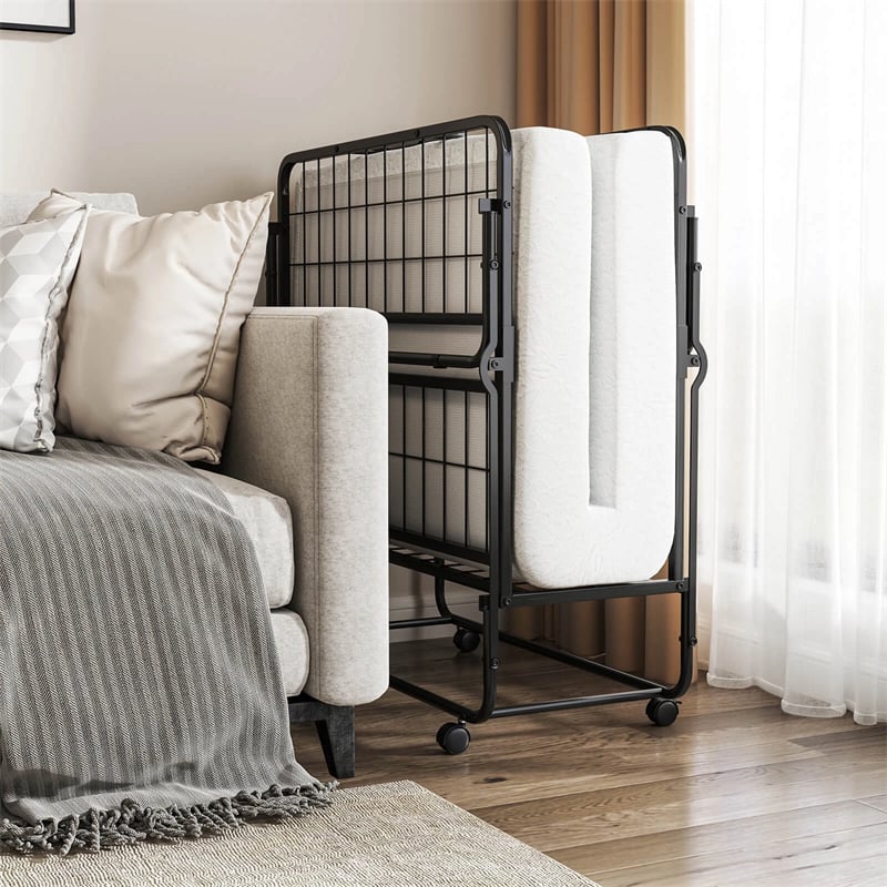 Twin Size Folding Bed with Memory Foam Mattress, Rollaway Guest Bed w/ Heavy-Duty Metal Frame & Lockable Wheels, Portable Space-Saving Bed, 75" x 38"