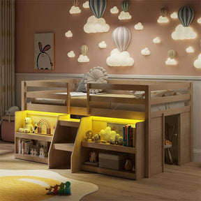 Low Loft Bed with LED Lights & Storage Bookcase, Kids Twin Size Loft Bed with Stairs, Safety Guardrail & Under-Bed Play Space