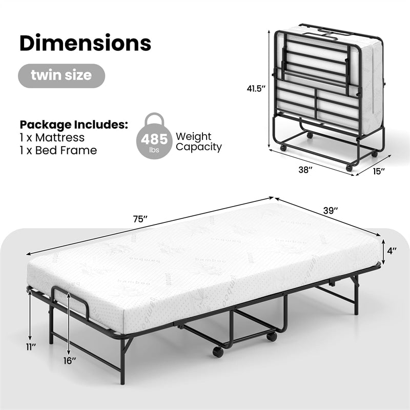 Twin Size Rollaway Guest Bed, 75"x38" Portable Folding Bed with Memory Foam Mattress & Heavy-Duty Metal Frame for Apartments, Small Spaces