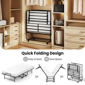 Twin Size Rollaway Guest Bed, 75"x38" Portable Folding Bed with Memory Foam Mattress & Heavy-Duty Metal Frame for Apartments, Small Spaces