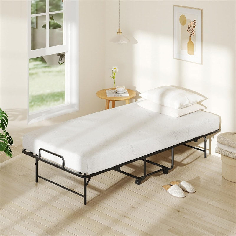 Twin Size Rollaway Guest Bed, 75"x38" Portable Folding Bed with Memory Foam Mattress & Heavy-Duty Metal Frame for Apartments, Small Spaces