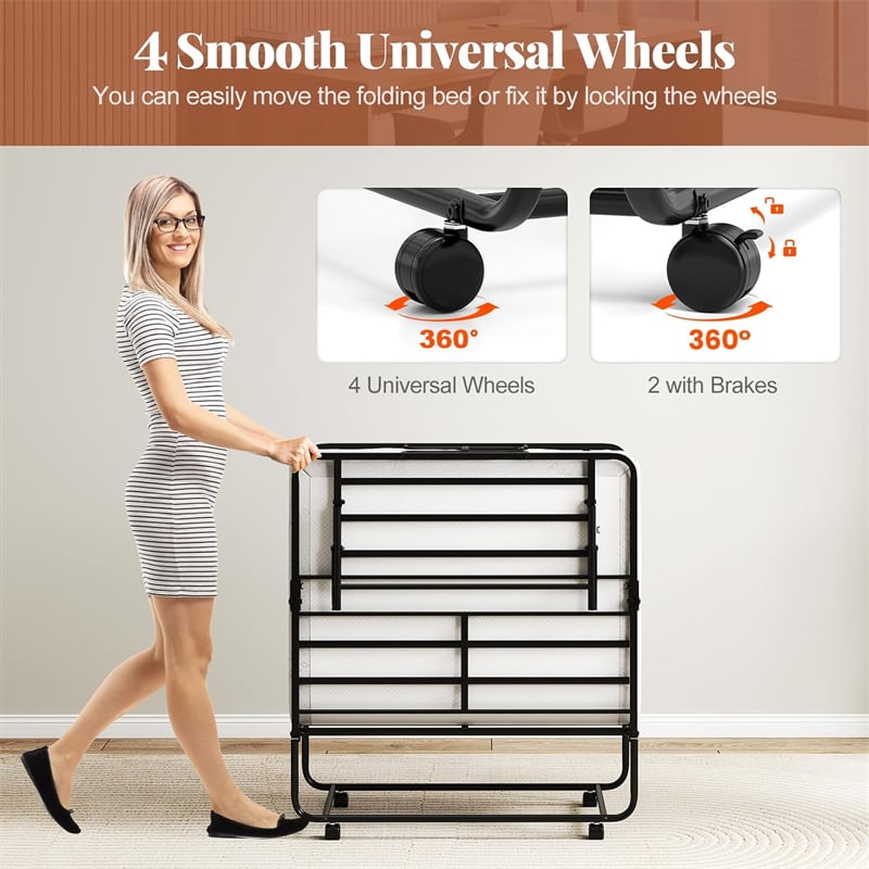 Twin Size Rollaway Guest Bed, 75"x38" Portable Folding Bed with Memory Foam Mattress & Heavy-Duty Metal Frame for Apartments, Small Spaces