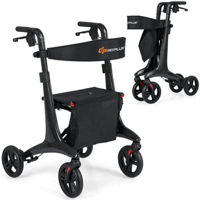 Ultralight Carbon Fiber Rollator Walker for Seniors, Foldable Rolling Walker with Seat, 8" Wheels, Adjustable Handles & Backrest, Storage Bag
