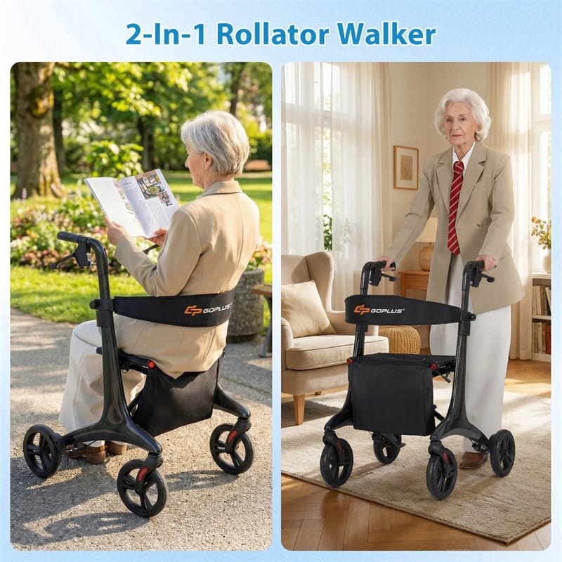 Ultralight Carbon Fiber Rollator Walker for Seniors, Foldable Rolling Walker with Seat, 8" Wheels, Adjustable Handles & Backrest, Storage Bag