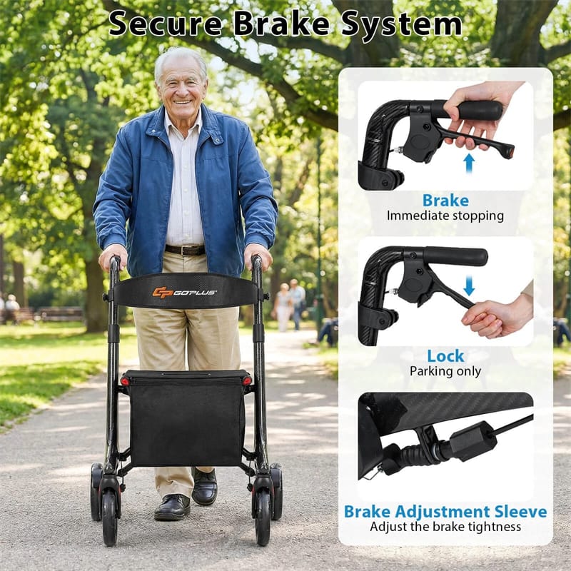 Ultralight Carbon Fiber Rollator Walker for Seniors, Foldable Rolling Walker with Seat, 8" Wheels, Adjustable Handles & Backrest, Storage Bag