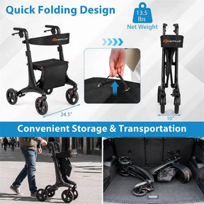 Ultralight Carbon Fiber Rollator Walker for Seniors, Foldable Rolling Walker with Seat, 8" Wheels, Adjustable Handles & Backrest, Storage Bag