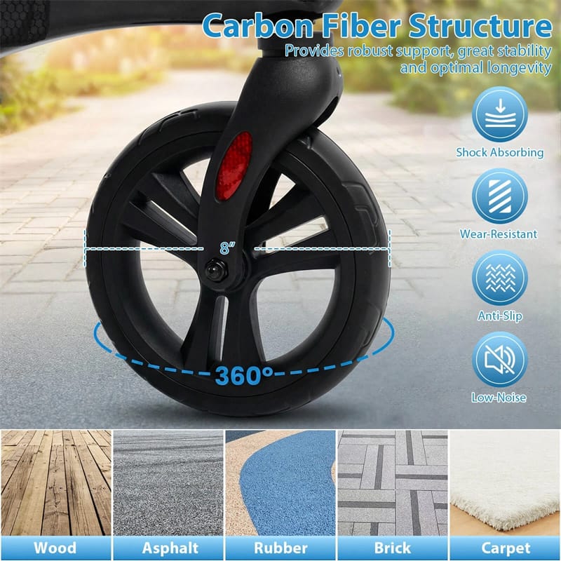 Ultralight Carbon Fiber Rollator Walker for Seniors, Foldable Rolling Walker with Seat, 8" Wheels, Adjustable Handles & Backrest, Storage Bag