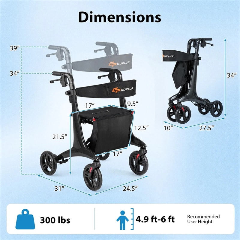 Ultralight Carbon Fiber Rollator Walker for Seniors, Foldable Rolling Walker with Seat, 8" Wheels, Adjustable Handles & Backrest, Storage Bag