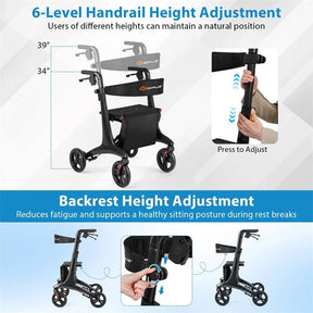 Ultralight Carbon Fiber Rollator Walker for Seniors, Foldable Rolling Walker with Seat, 8" Wheels, Adjustable Handles & Backrest, Storage Bag
