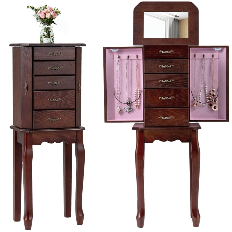 Standing Jewelry Armoire Cabinet with Flip Top Mirror, 4 Drawers, 2 Side Doors & Necklace Hooks, Vintage Wood Jewelry Storage Organizer Chest
