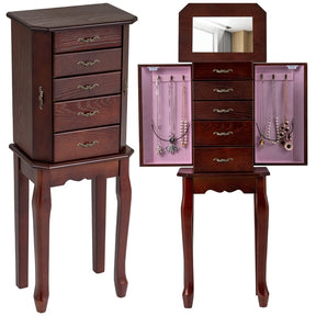 Standing Jewelry Armoire Cabinet with Flip Top Mirror, 4 Drawers, 2 Side Doors & Necklace Hooks, Vintage Wood Jewelry Storage Organizer Chest