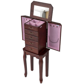 Standing Jewelry Armoire Cabinet with Flip Top Mirror, 4 Drawers, 2 Side Doors & Necklace Hooks, Vintage Wood Jewelry Storage Organizer Chest