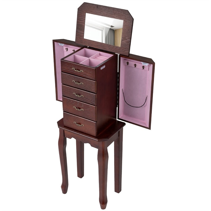 Standing Jewelry Armoire Cabinet with Flip Top Mirror, 4 Drawers, 2 Side Doors & Necklace Hooks, Vintage Wood Jewelry Storage Organizer Chest