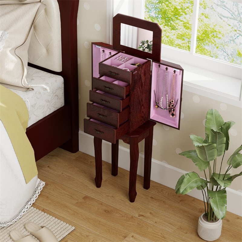 Standing Jewelry Armoire Cabinet with Flip Top Mirror, 4 Drawers, 2 Side Doors & Necklace Hooks, Vintage Wood Jewelry Storage Organizer Chest