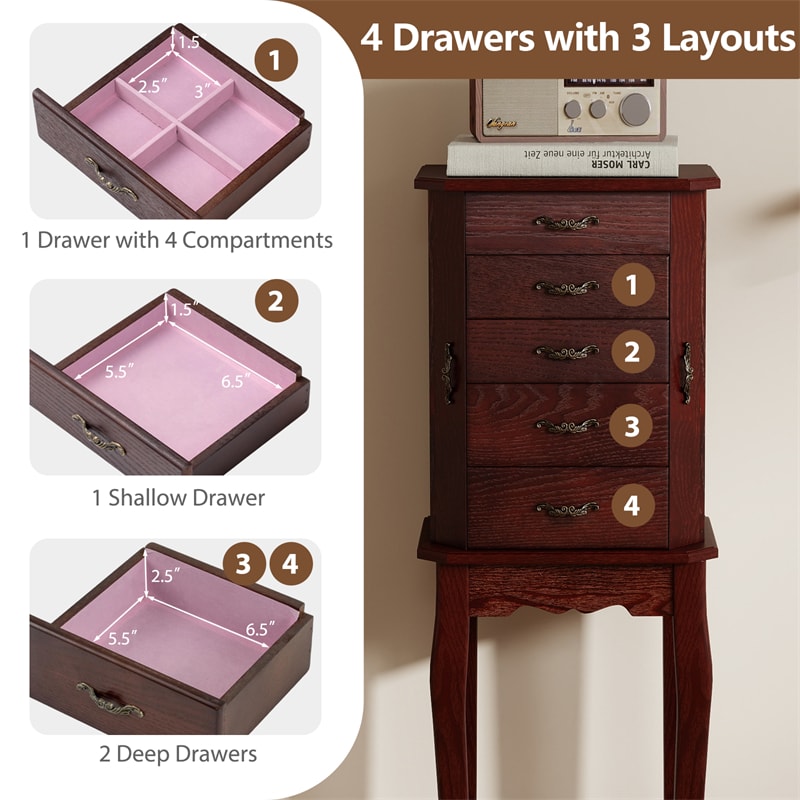 Standing Jewelry Armoire Cabinet with Flip Top Mirror, 4 Drawers, 2 Side Doors & Necklace Hooks, Vintage Wood Jewelry Storage Organizer Chest