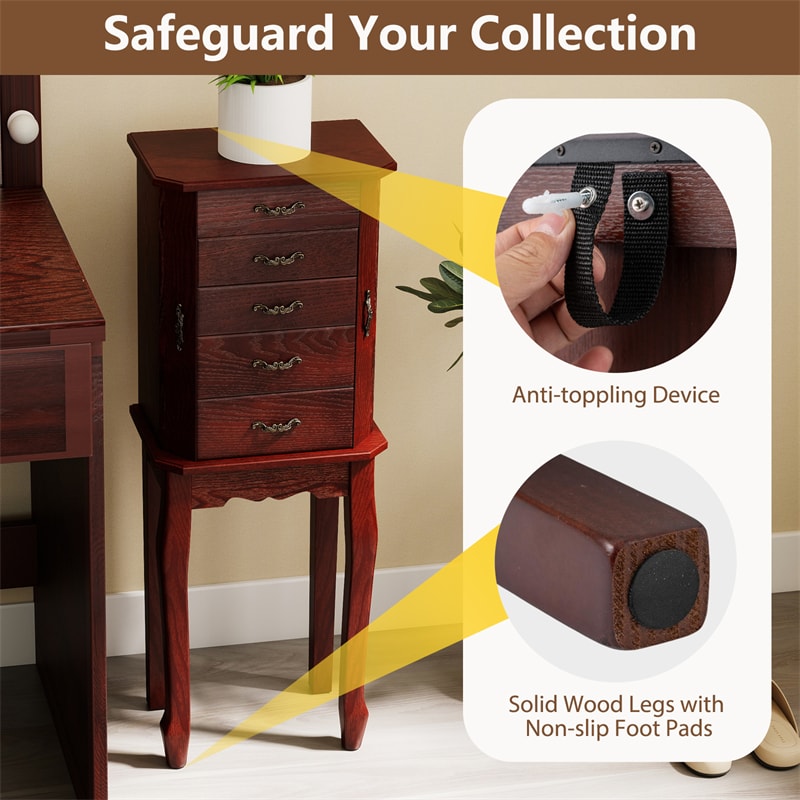 Standing Jewelry Armoire Cabinet with Flip Top Mirror, 4 Drawers, 2 Side Doors & Necklace Hooks, Vintage Wood Jewelry Storage Organizer Chest