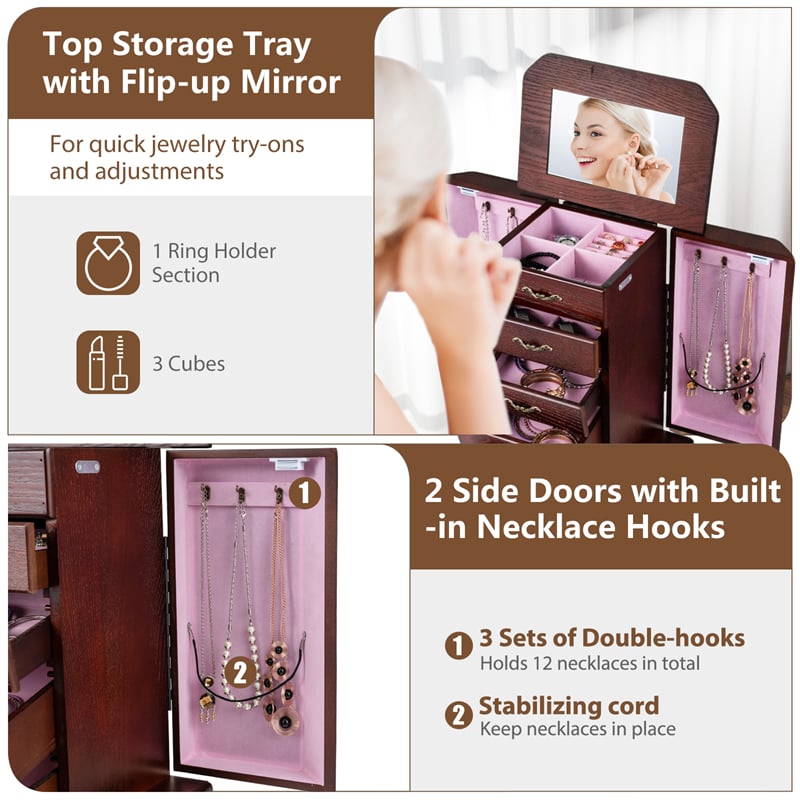 Standing Jewelry Armoire Cabinet with Flip Top Mirror, 4 Drawers, 2 Side Doors & Necklace Hooks, Vintage Wood Jewelry Storage Organizer Chest