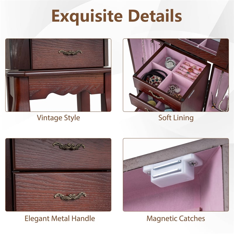 Standing Jewelry Armoire Cabinet with Flip Top Mirror, 4 Drawers, 2 Side Doors & Necklace Hooks, Vintage Wood Jewelry Storage Organizer Chest