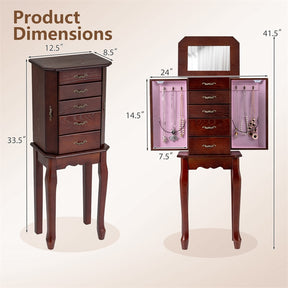 Standing Jewelry Armoire Cabinet with Flip Top Mirror, 4 Drawers, 2 Side Doors & Necklace Hooks, Vintage Wood Jewelry Storage Organizer Chest