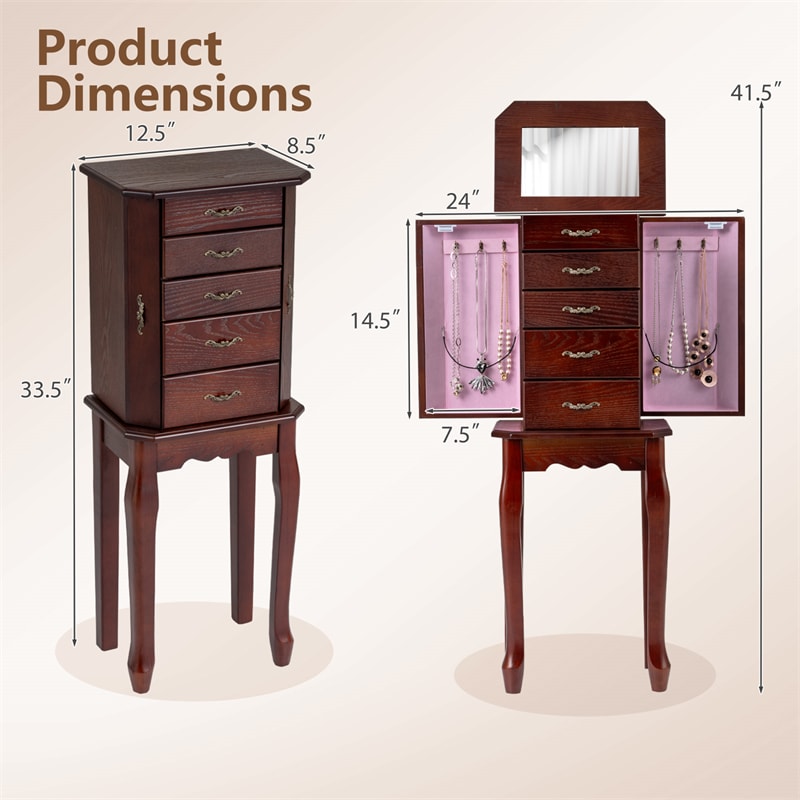 Standing Jewelry Armoire Cabinet with Flip Top Mirror, 4 Drawers, 2 Side Doors & Necklace Hooks, Vintage Wood Jewelry Storage Organizer Chest
