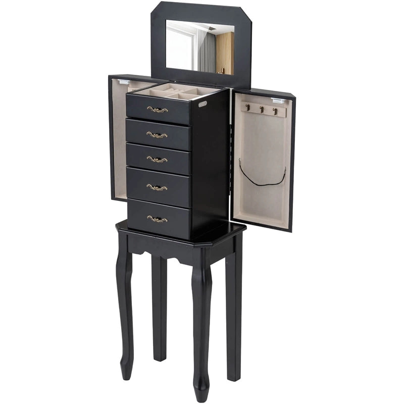 Standing Jewelry Armoire Cabinet with Flip Top Mirror, 4 Drawers, 2 Side Doors & Necklace Hooks, Vintage Wood Jewelry Storage Organizer Chest