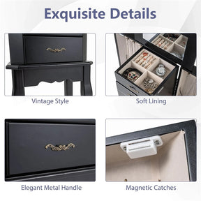 Standing Jewelry Armoire Cabinet with Flip Top Mirror, 4 Drawers, 2 Side Doors & Necklace Hooks, Vintage Wood Jewelry Storage Organizer Chest