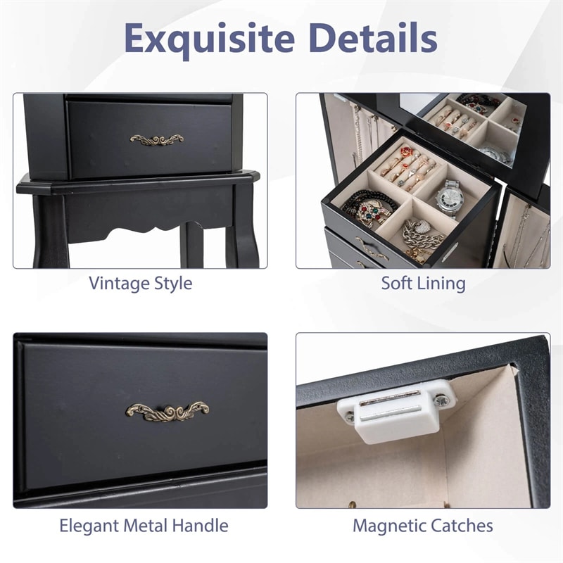 Standing Jewelry Armoire Cabinet with Flip Top Mirror, 4 Drawers, 2 Side Doors & Necklace Hooks, Vintage Wood Jewelry Storage Organizer Chest