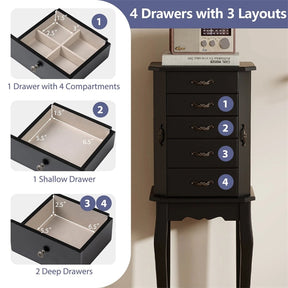 Standing Jewelry Armoire Cabinet with Flip Top Mirror, 4 Drawers, 2 Side Doors & Necklace Hooks, Vintage Wood Jewelry Storage Organizer Chest