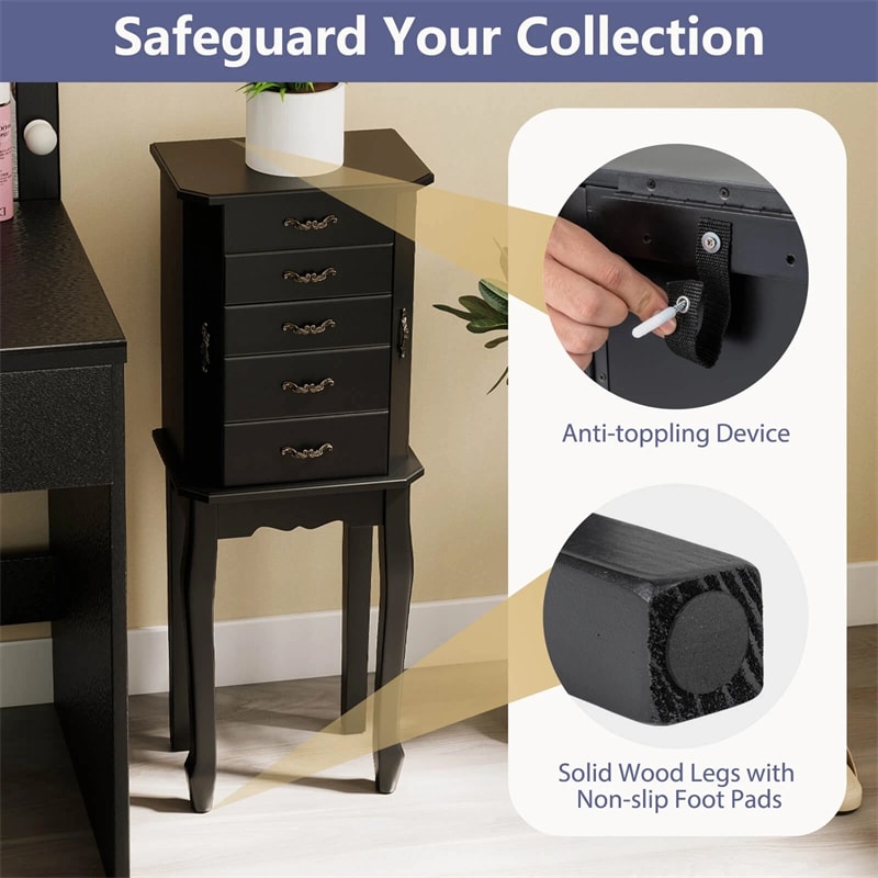 Standing Jewelry Armoire Cabinet with Flip Top Mirror, 4 Drawers, 2 Side Doors & Necklace Hooks, Vintage Wood Jewelry Storage Organizer Chest