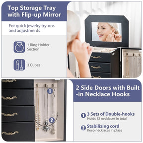 Standing Jewelry Armoire Cabinet with Flip Top Mirror, 4 Drawers, 2 Side Doors & Necklace Hooks, Vintage Wood Jewelry Storage Organizer Chest