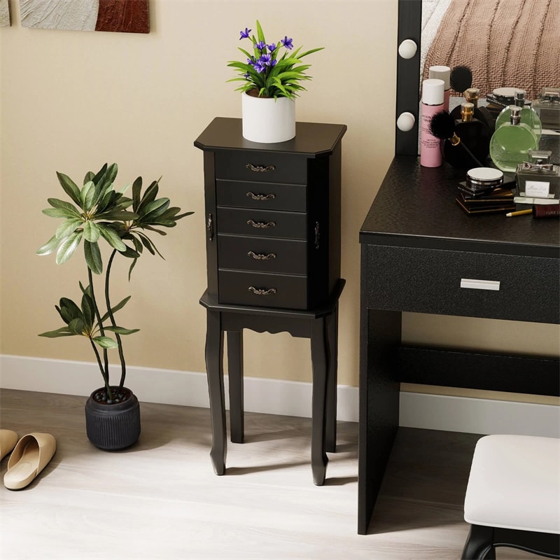 Standing Jewelry Armoire Cabinet with Flip Top Mirror, 4 Drawers, 2 Side Doors & Necklace Hooks, Vintage Wood Jewelry Storage Organizer Chest