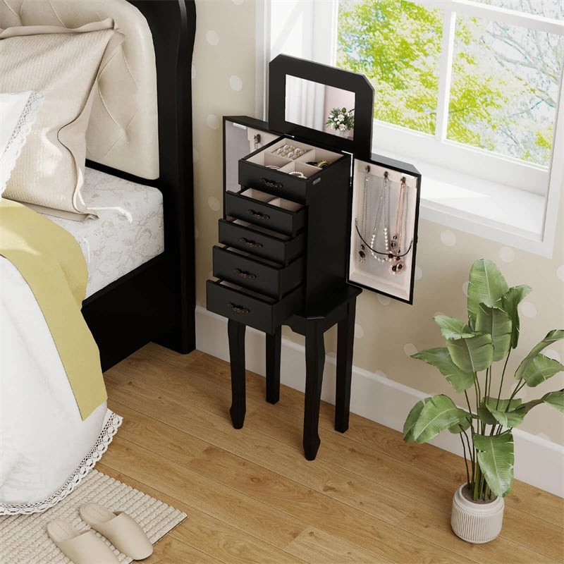 Standing Jewelry Armoire Cabinet with Flip Top Mirror, 4 Drawers, 2 Side Doors & Necklace Hooks, Vintage Wood Jewelry Storage Organizer Chest