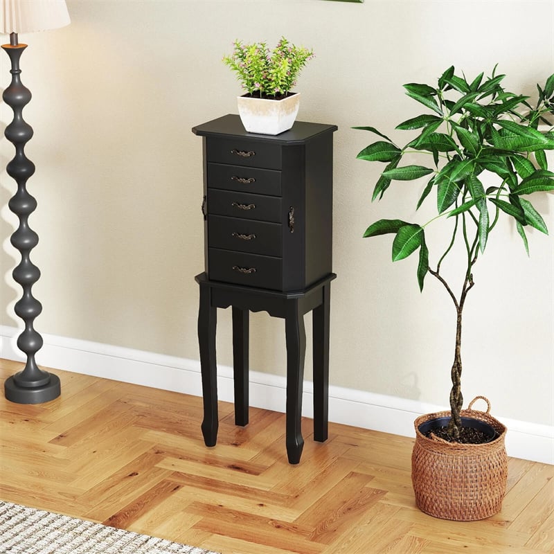 Standing Jewelry Armoire Cabinet with Flip Top Mirror, 4 Drawers, 2 Side Doors & Necklace Hooks, Vintage Wood Jewelry Storage Organizer Chest