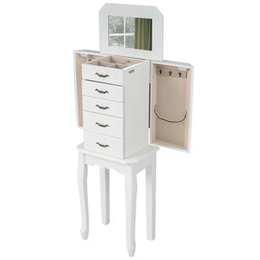 Standing Jewelry Armoire Cabinet with Flip Top Mirror, 4 Drawers, 2 Side Doors & Necklace Hooks, Vintage Wood Jewelry Storage Organizer Chest