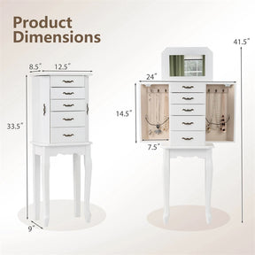 Standing Jewelry Armoire Cabinet with Flip Top Mirror, 4 Drawers, 2 Side Doors & Necklace Hooks, Vintage Wood Jewelry Storage Organizer Chest