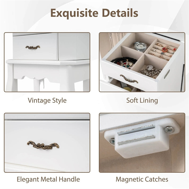 Standing Jewelry Armoire Cabinet with Flip Top Mirror, 4 Drawers, 2 Side Doors & Necklace Hooks, Vintage Wood Jewelry Storage Organizer Chest