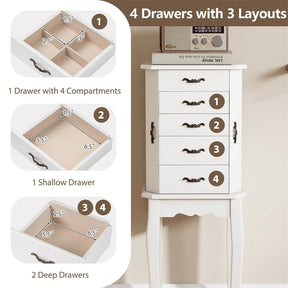 Standing Jewelry Armoire Cabinet with Flip Top Mirror, 4 Drawers, 2 Side Doors & Necklace Hooks, Vintage Wood Jewelry Storage Organizer Chest