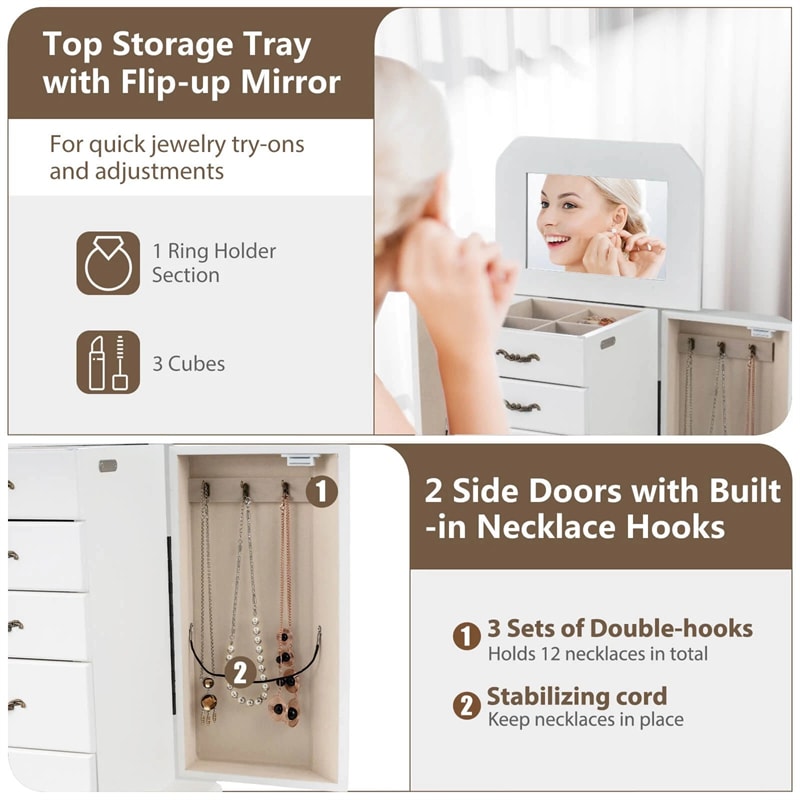 Standing Jewelry Armoire Cabinet with Flip Top Mirror, 4 Drawers, 2 Side Doors & Necklace Hooks, Vintage Wood Jewelry Storage Organizer Chest