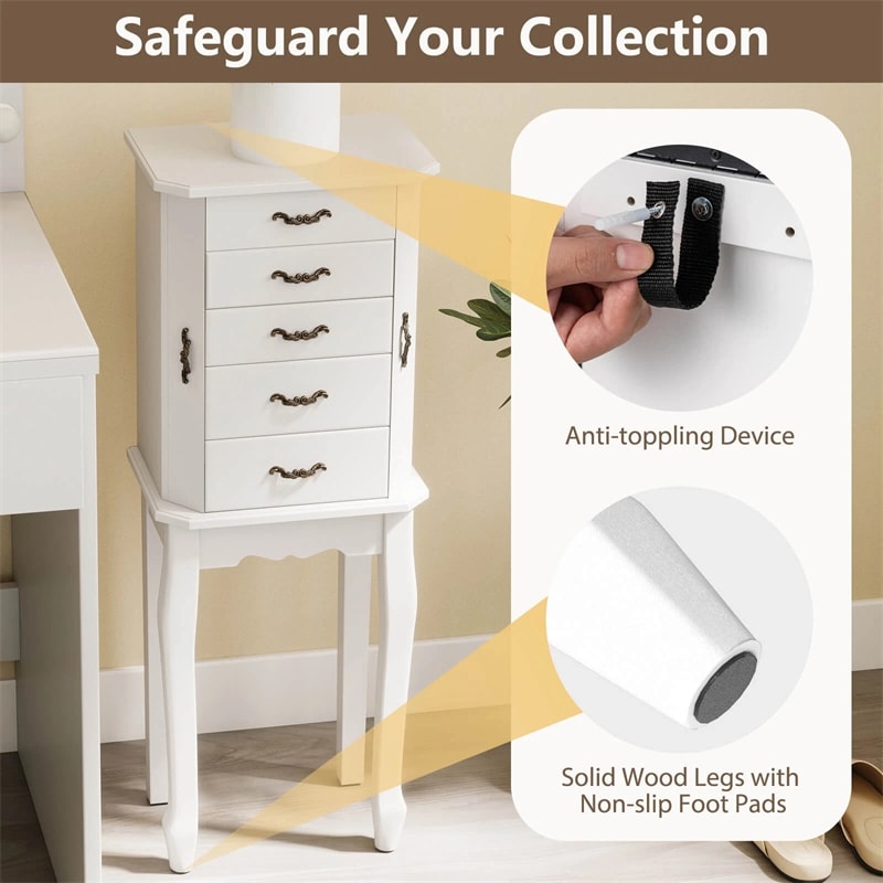 Standing Jewelry Armoire Cabinet with Flip Top Mirror, 4 Drawers, 2 Side Doors & Necklace Hooks, Vintage Wood Jewelry Storage Organizer Chest