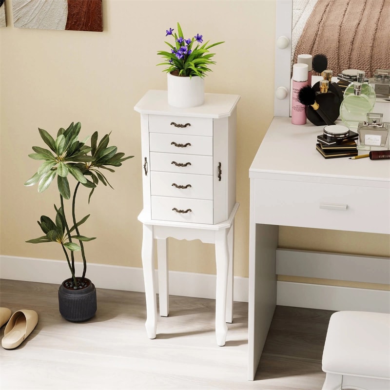 Standing Jewelry Armoire Cabinet with Flip Top Mirror, 4 Drawers, 2 Side Doors & Necklace Hooks, Vintage Wood Jewelry Storage Organizer Chest