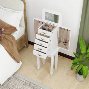 Standing Jewelry Armoire Cabinet with Flip Top Mirror, 4 Drawers, 2 Side Doors & Necklace Hooks, Vintage Wood Jewelry Storage Organizer Chest