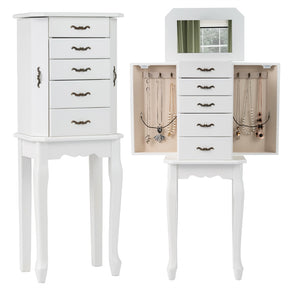 Standing Jewelry Armoire Cabinet with Flip Top Mirror, 4 Drawers, 2 Side Doors & Necklace Hooks, Vintage Wood Jewelry Storage Organizer Chest