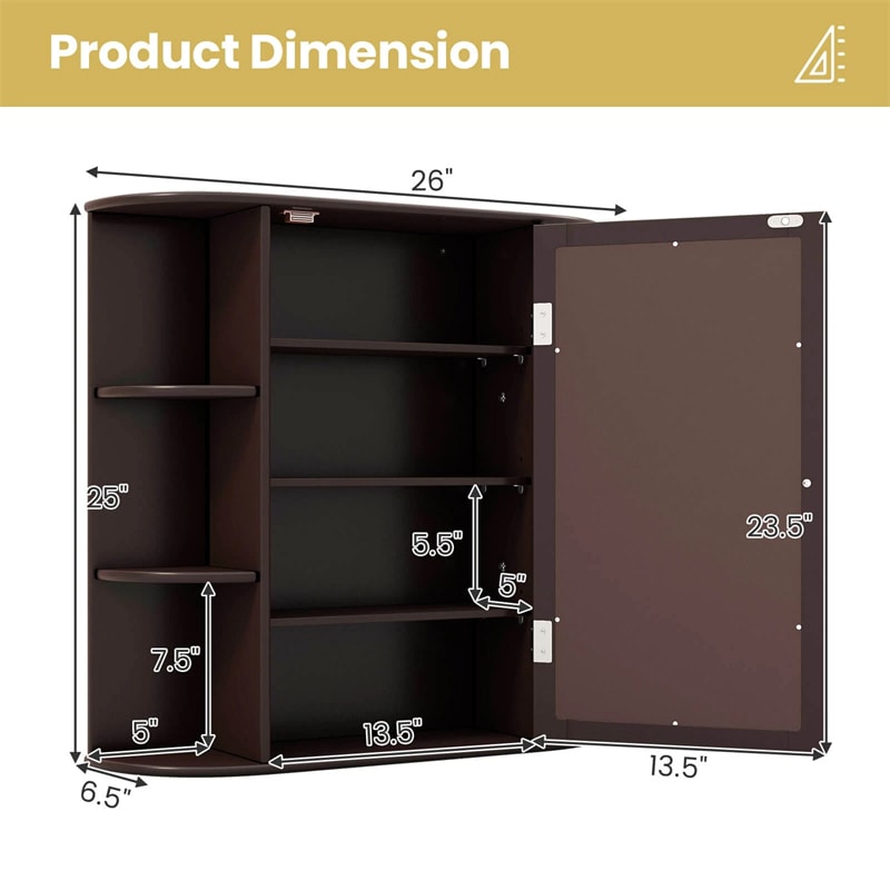 Mirrored Bathroom Storage Cabinet Wall Mounted Hanging Medicine Cabinet Over Toilet with Single Door, 3 Adjustable Shelves